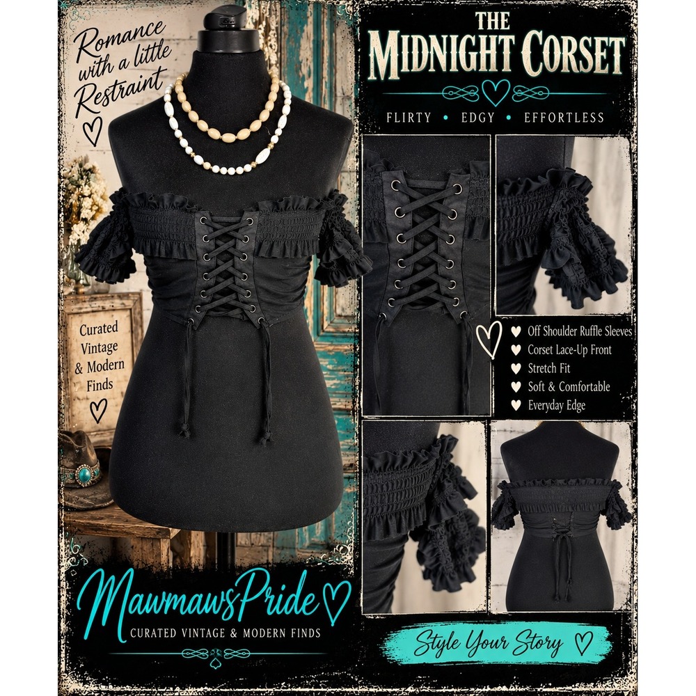 Black Corset Top Goth Lace Up Ruffle Off Shoulder Size M
